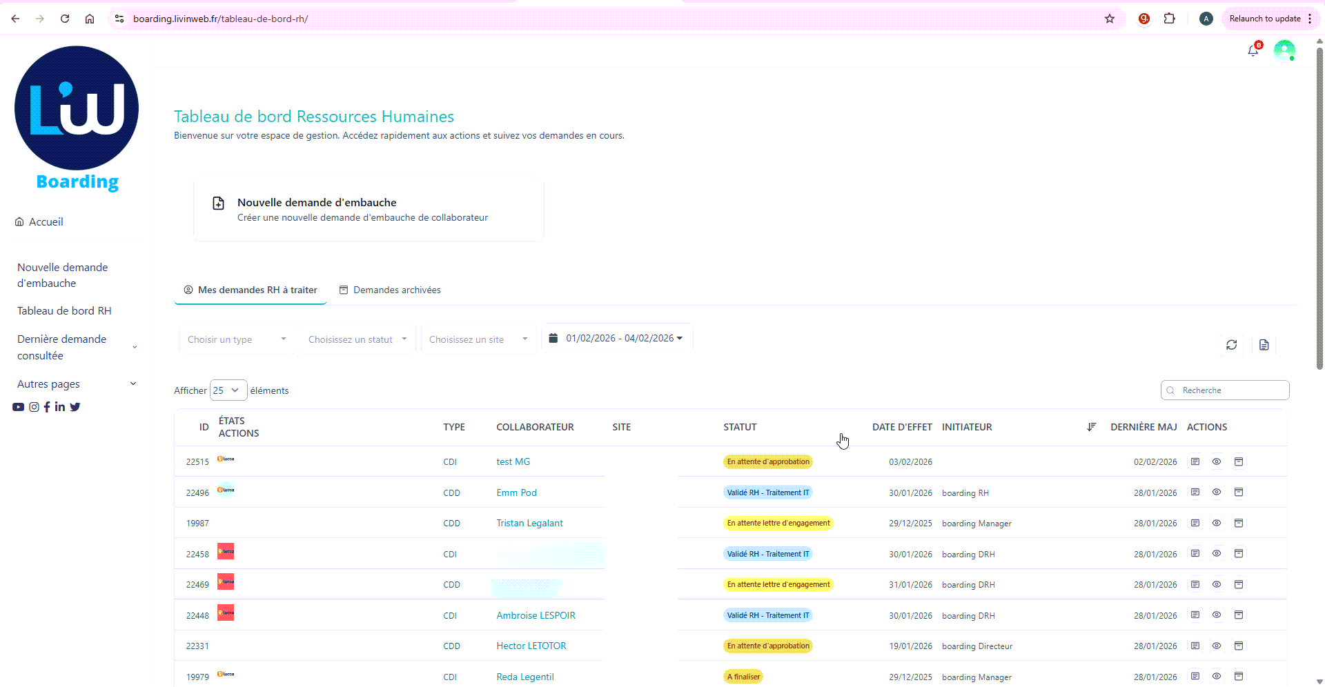 Tableau de bord RH : listing des dossiers en cours
