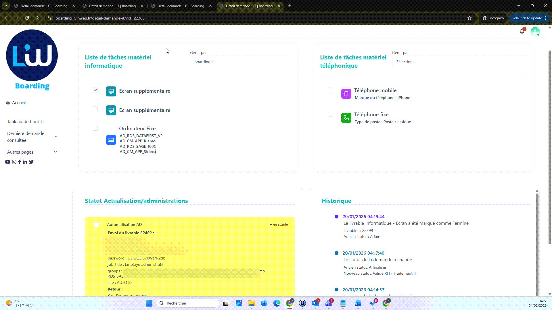 Vue IT : tâches matériel et automatisation AD